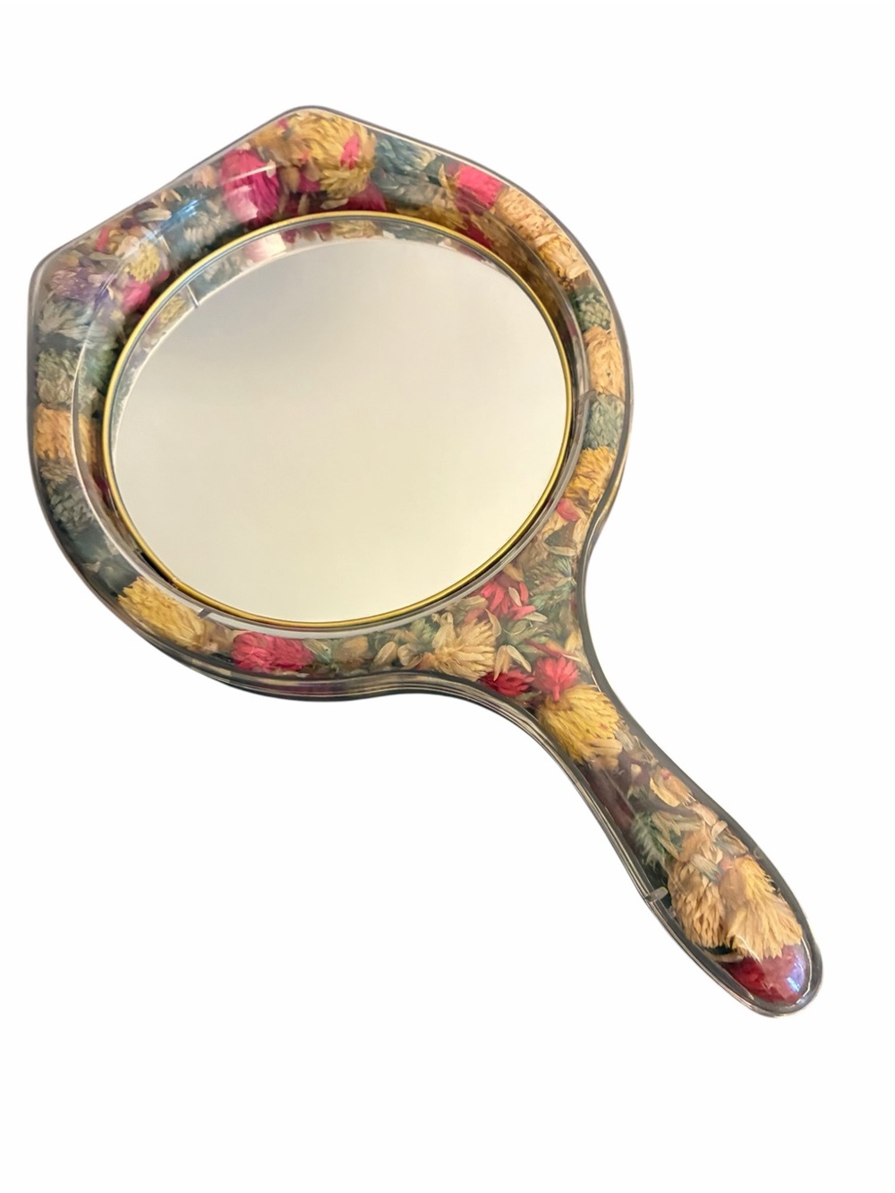 Vintage Style Hand Mirror with Real Dried Flowers Encased in Resin Acrylic Frame - Picture 4 of 5